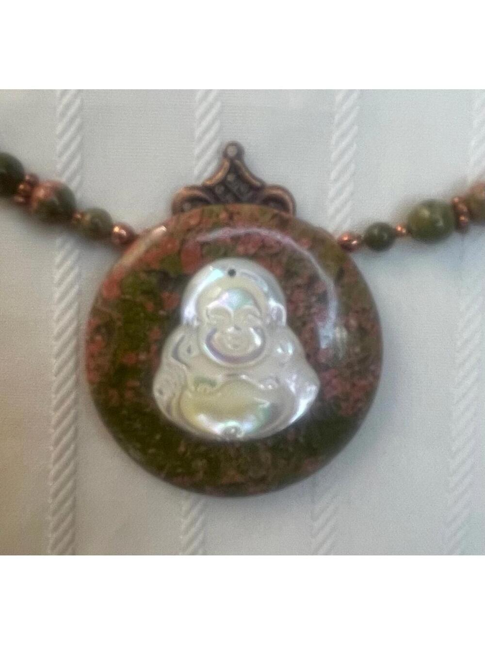 EUC Carved MOP Happy Buddha Pendant Beaded Necklace